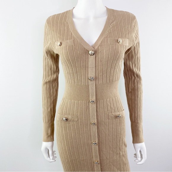 NEW Lipsy London Beige Ribbed Knit Long Sleeve Button Front Sweater Dress Size 8 - Picture 2 of 9